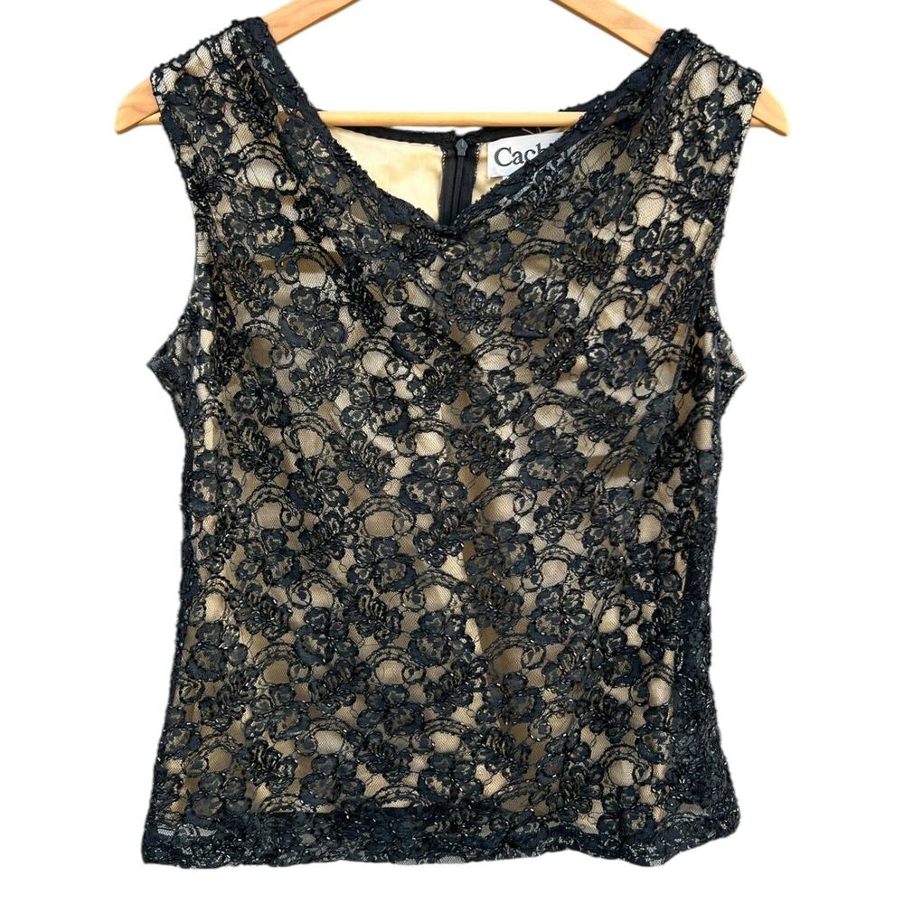 Vintage HEAVILY Beaded Black Lace Tank Sleeveless Top Size 6 Cocktail Party